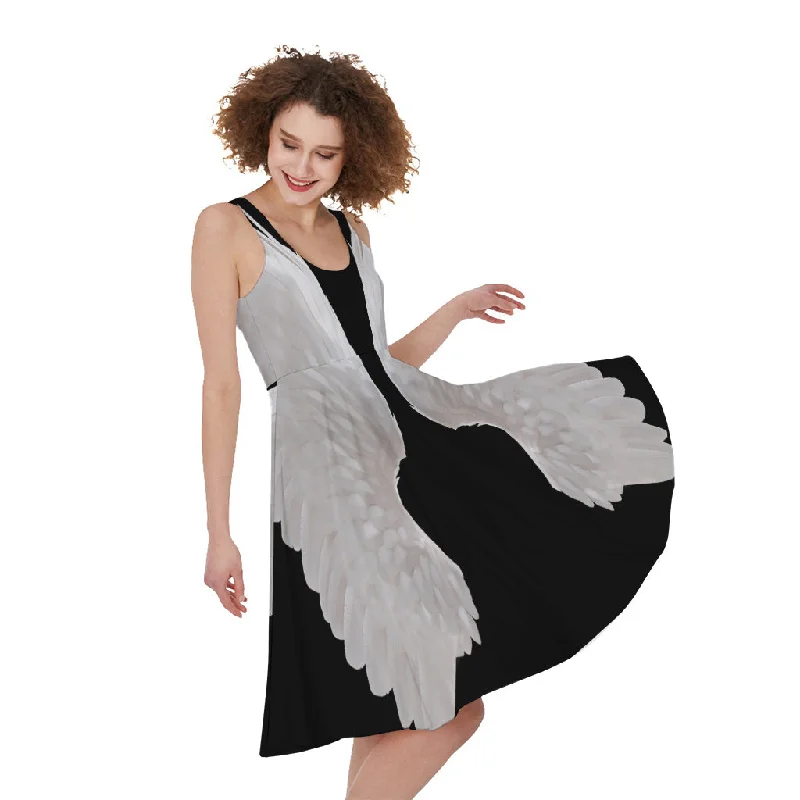 White Angel Wings Print Sleeveless Knee Length Dress