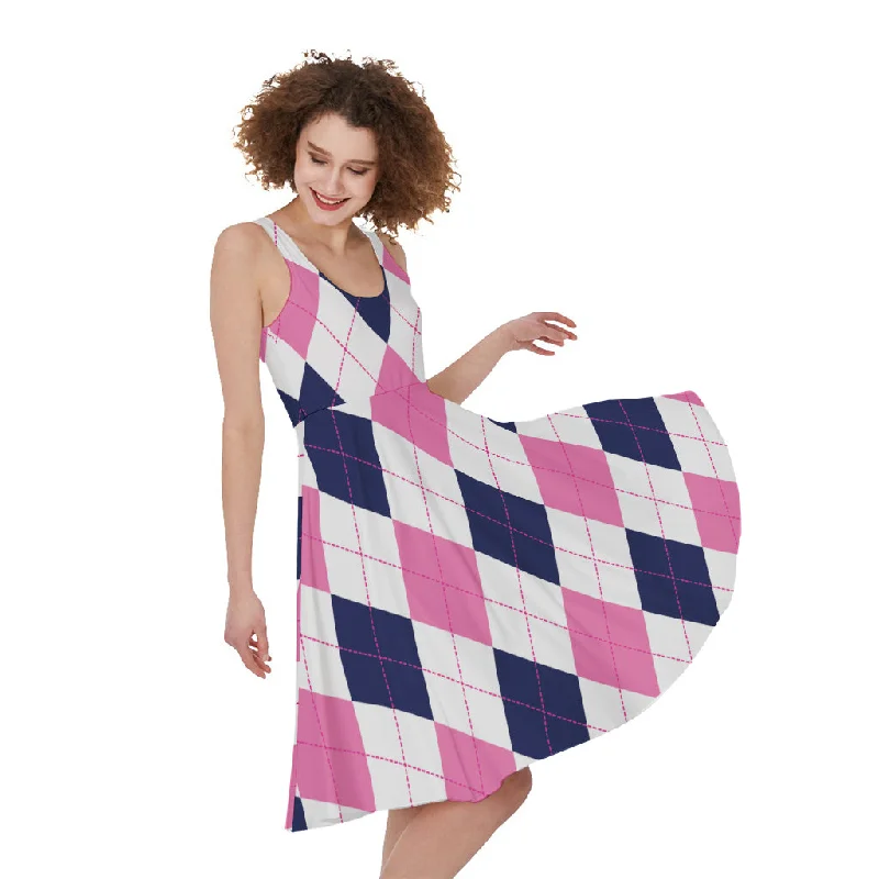 White Blue And Pink Argyle Pattern Print Sleeveless Knee Length Dress