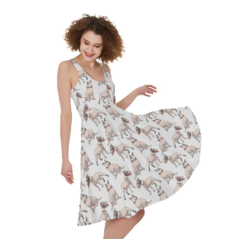 White Bull Terrier Pattern Print Sleeveless Knee Length Dress