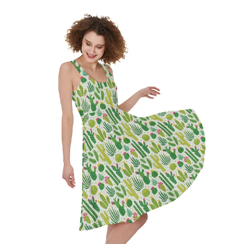 White Cactus Plant Pattern Print Sleeveless Knee Length Dress