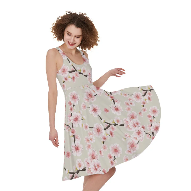 White Cherry Blossom Pattern Print Sleeveless Knee Length Dress