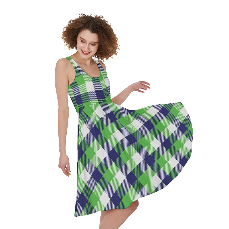 White Green And Blue Buffalo Plaid Print Sleeveless Knee Length Dress