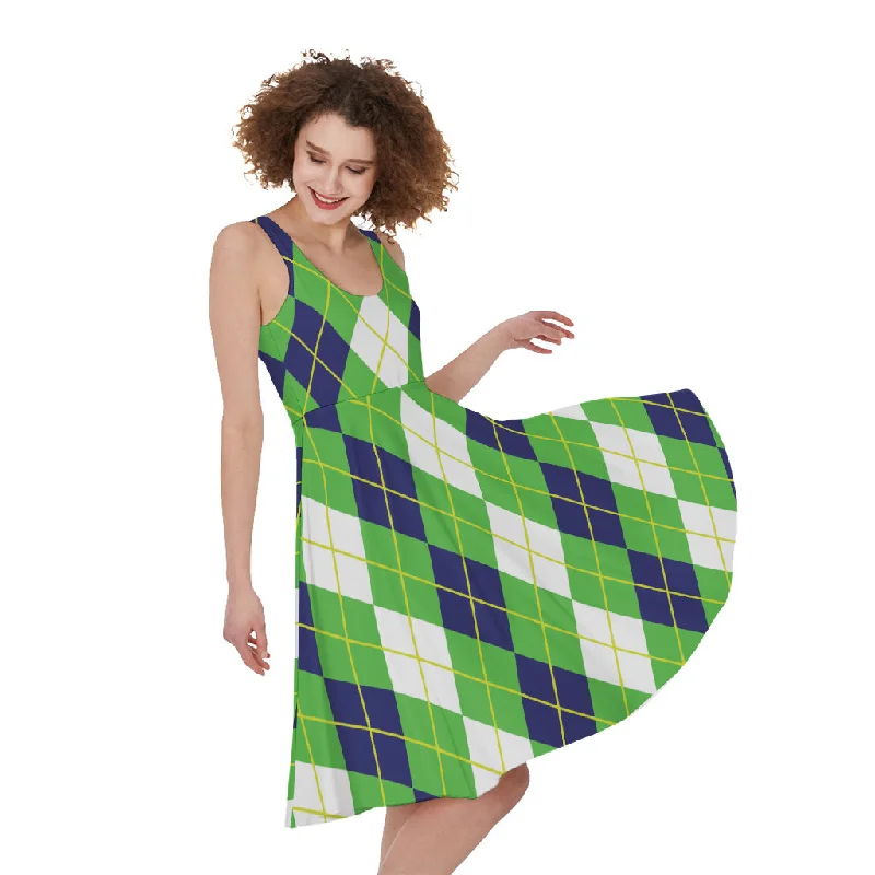 White Green And Navy Argyle Print Sleeveless Knee Length Dress