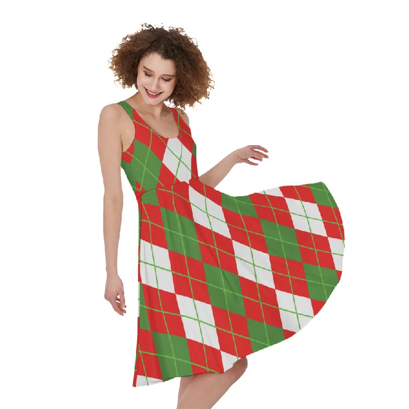 White Green And Red Argyle Pattern Print Sleeveless Knee Length Dress