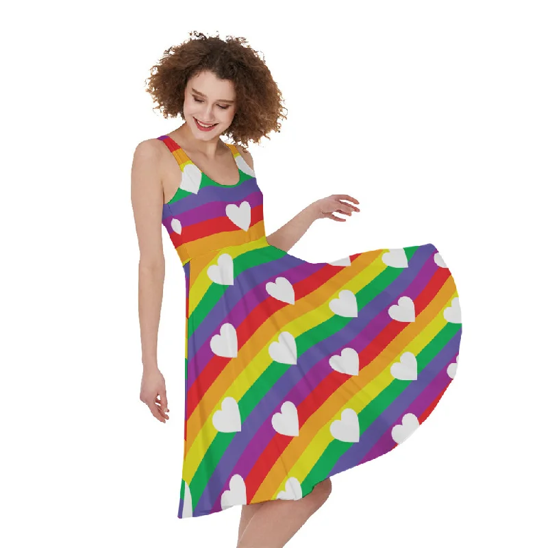 White Heart On LGBT Pride Striped Print Sleeveless Knee Length Dress