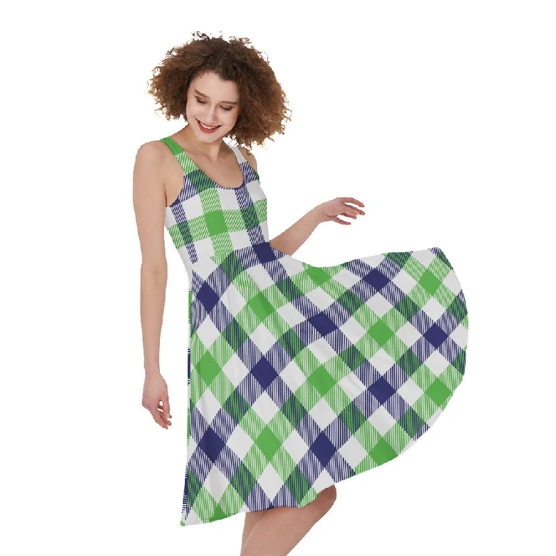 White Navy And Green Plaid Print Sleeveless Knee Length Dress