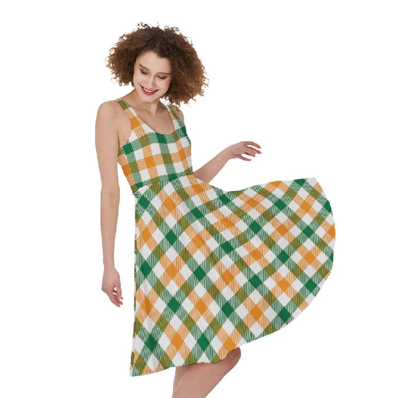 White Orange And Green Plaid Print Sleeveless Knee Length Dress