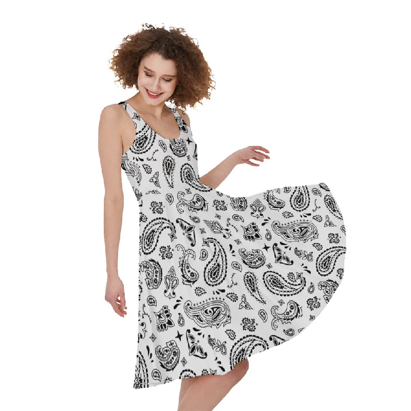 White Paisley Bandana Pattern Print Sleeveless Knee Length Dress