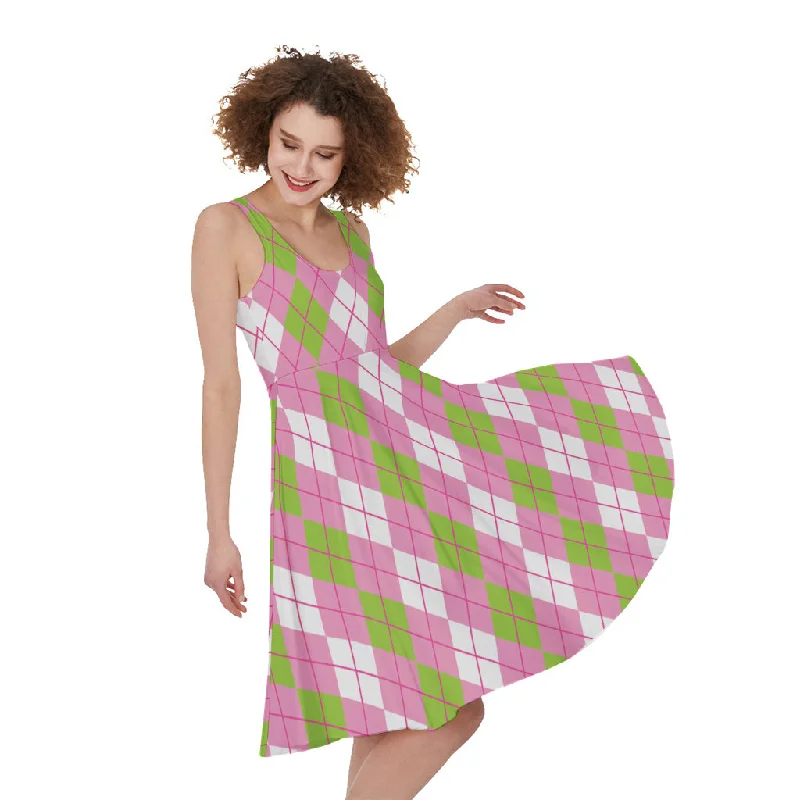 White Pink And Green Argyle Print Sleeveless Knee Length Dress