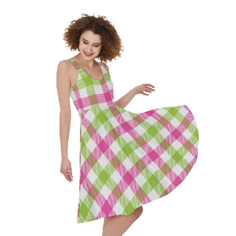 White Pink And Green Buffalo Plaid Print Sleeveless Knee Length Dress