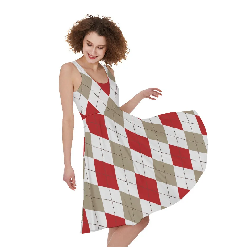 White Red And Beige Argyle Pattern Print Sleeveless Knee Length Dress