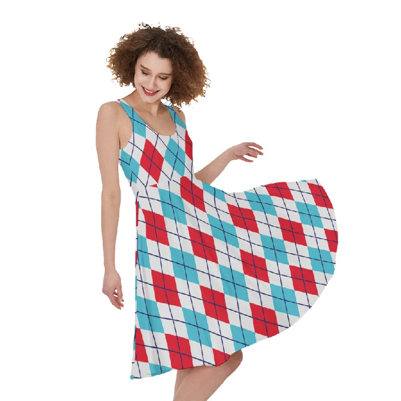 White Red And Blue Argyle Pattern Print Sleeveless Knee Length Dress