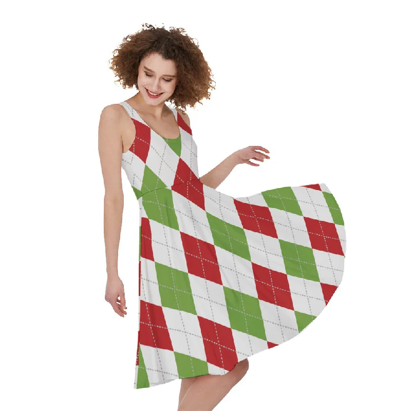 White Red And Green Argyle Pattern Print Sleeveless Knee Length Dress