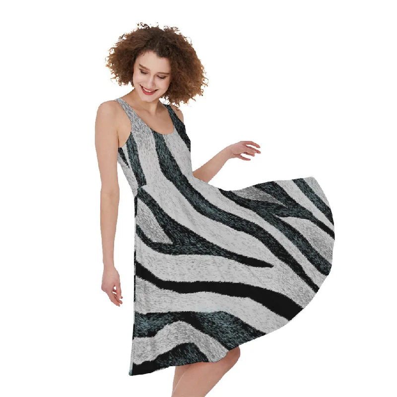 White Tiger Stripe Pattern Print Sleeveless Knee Length Dress