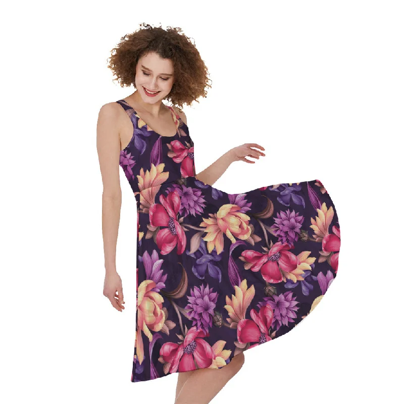 Wild Flower Print Sleeveless Knee Length Dress