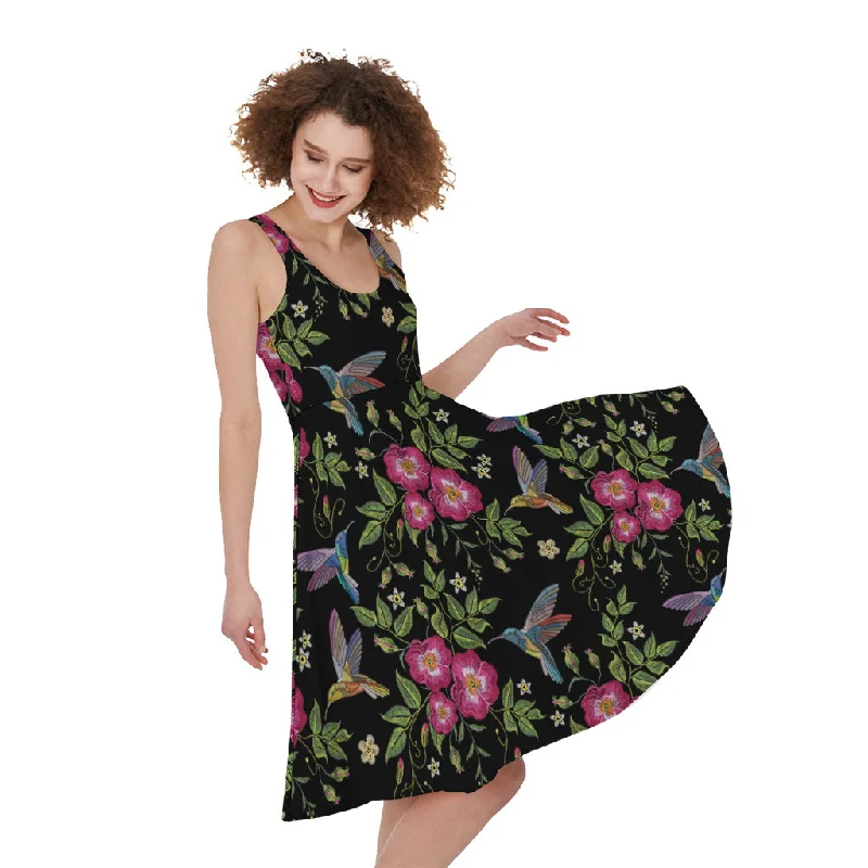 Wild Flowers And Hummingbird Print Sleeveless Knee Length Dress