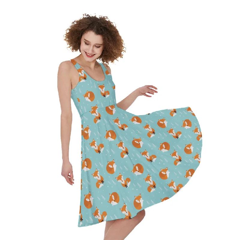 Winter Fox Pattern Print Sleeveless Knee Length Dress