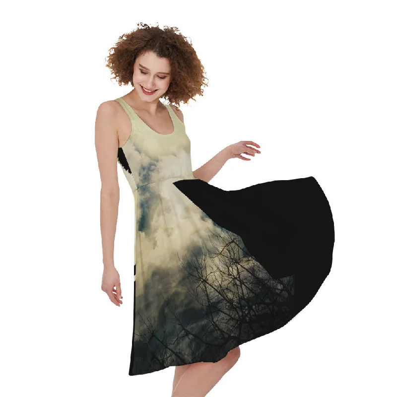 Wolf Howling At The Full Moon Print Sleeveless Knee Length Dress