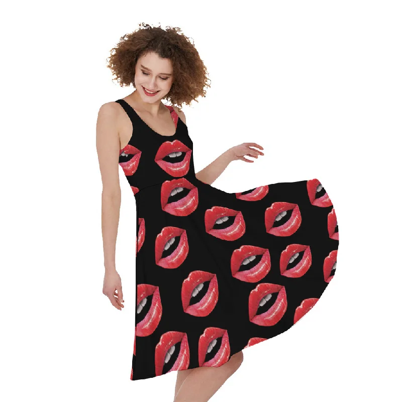 Women's Lips Pattern Print Sleeveless Knee Length Dress