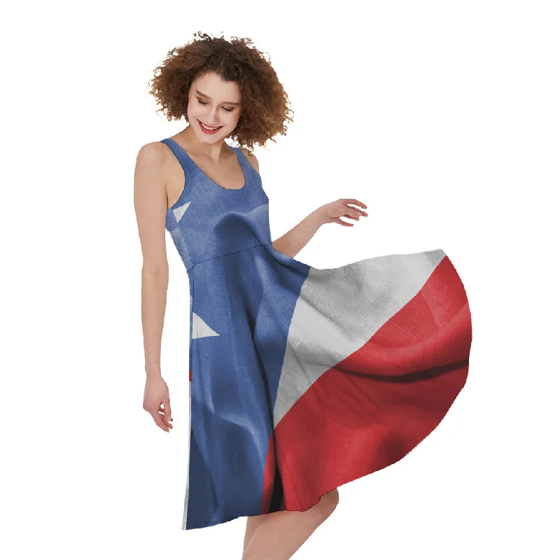 Wrinkled Puerto Rican Flag Print Sleeveless Knee Length Dress