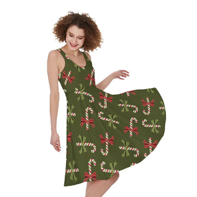 Xmas Candy Cane Pattern Print Sleeveless Knee Length Dress