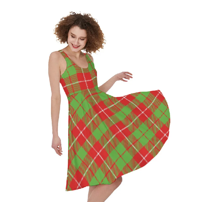 Xmas Plaid Pattern Print Sleeveless Knee Length Dress