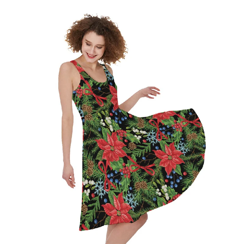 Xmas Poinsettia Pattern Print Sleeveless Knee Length Dress