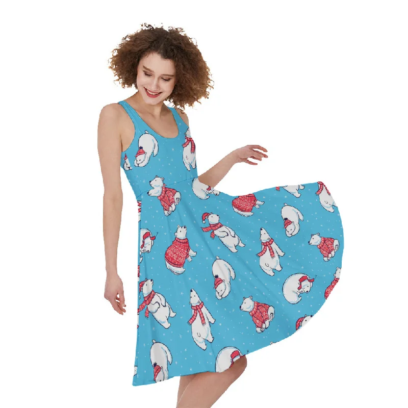 Xmas Polar Bear Pattern Print Sleeveless Knee Length Dress