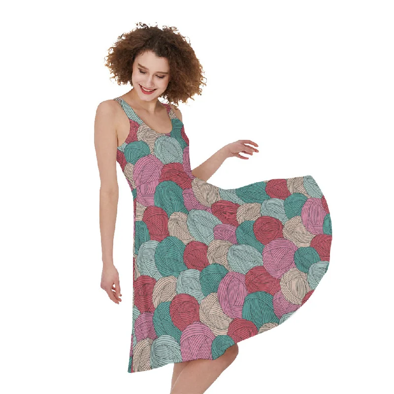 Yarn Balls Pattern Print Sleeveless Knee Length Dress