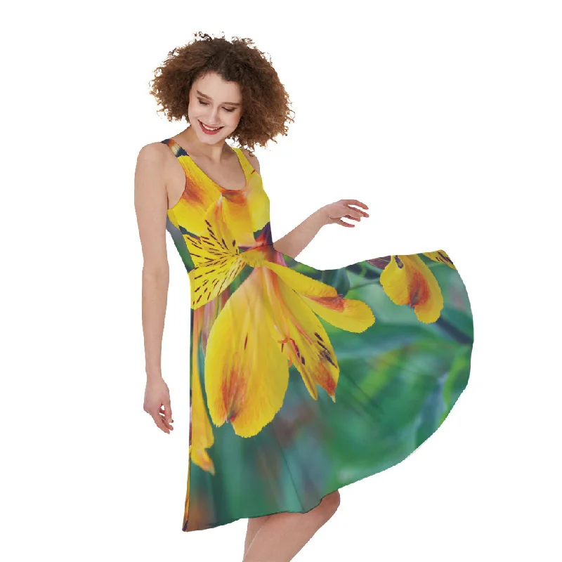 Yellow Alstroemeria Print Sleeveless Knee Length Dress