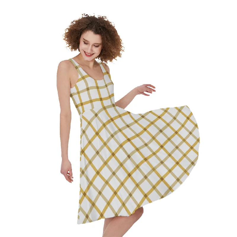 Yellow And Beige Tattersall Print Sleeveless Knee Length Dress