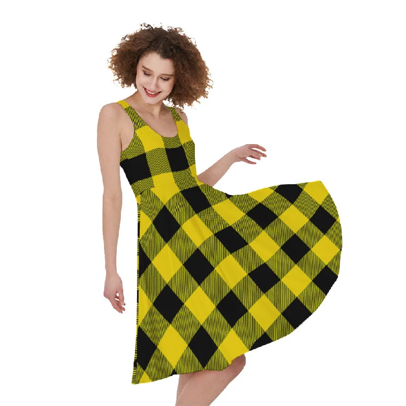 Yellow And Black Buffalo Check Print Sleeveless Knee Length Dress