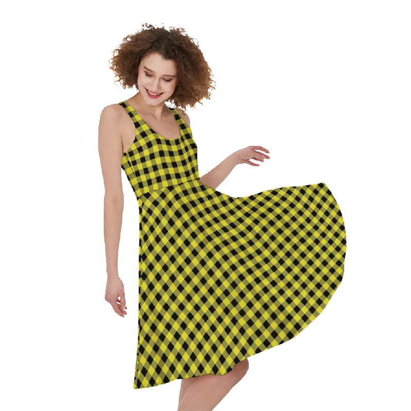 Yellow And Black Check Pattern Print Sleeveless Knee Length Dress