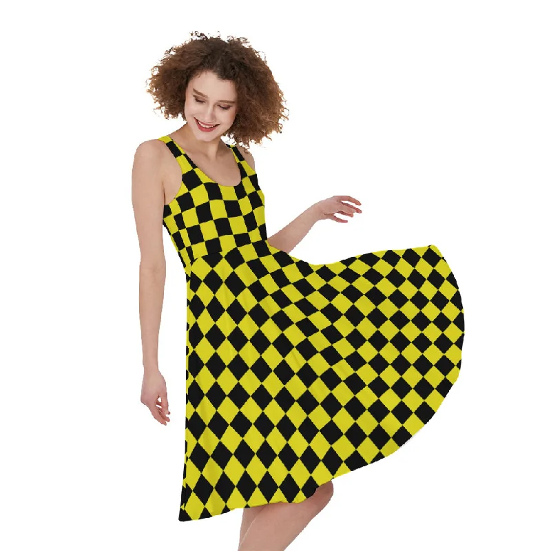 Yellow And Black Checkered Pattern Print Sleeveless Knee Length Dress