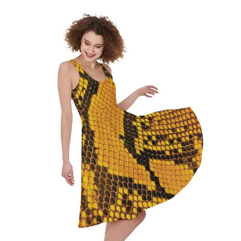 Yellow And Black Snakeskin Print Sleeveless Knee Length Dress