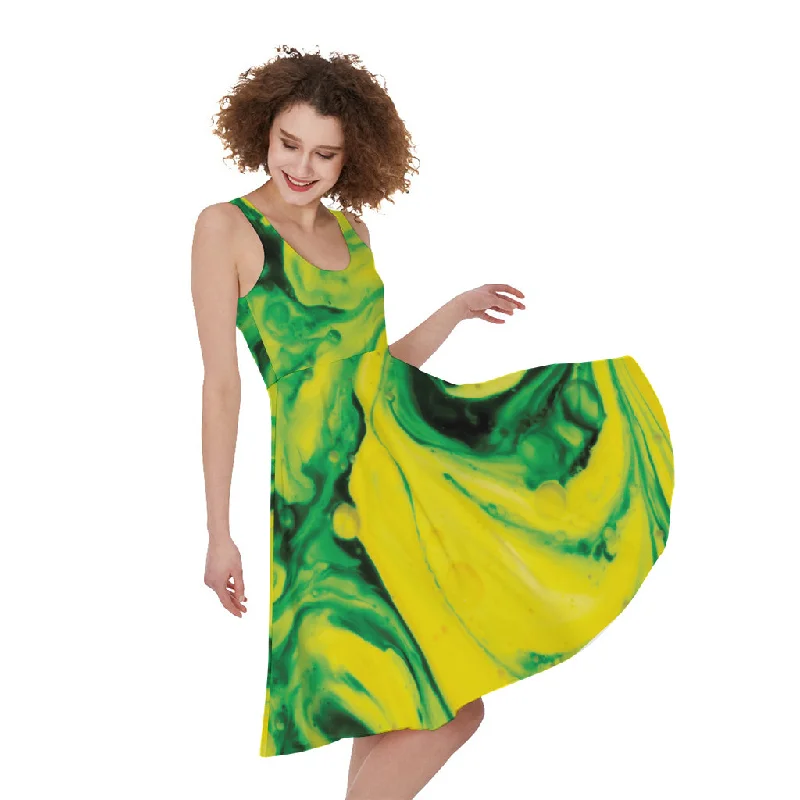 Yellow And Green Acid Melt Print Sleeveless Knee Length Dress