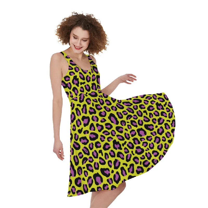 Yellow And Purple Leopard Pattern Print Sleeveless Knee Length Dress