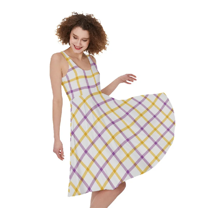 Yellow And Purple Tattersall Print Sleeveless Knee Length Dress