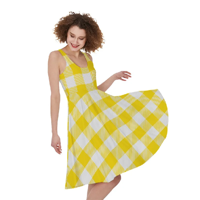 Yellow And White Buffalo Check Print Sleeveless Knee Length Dress