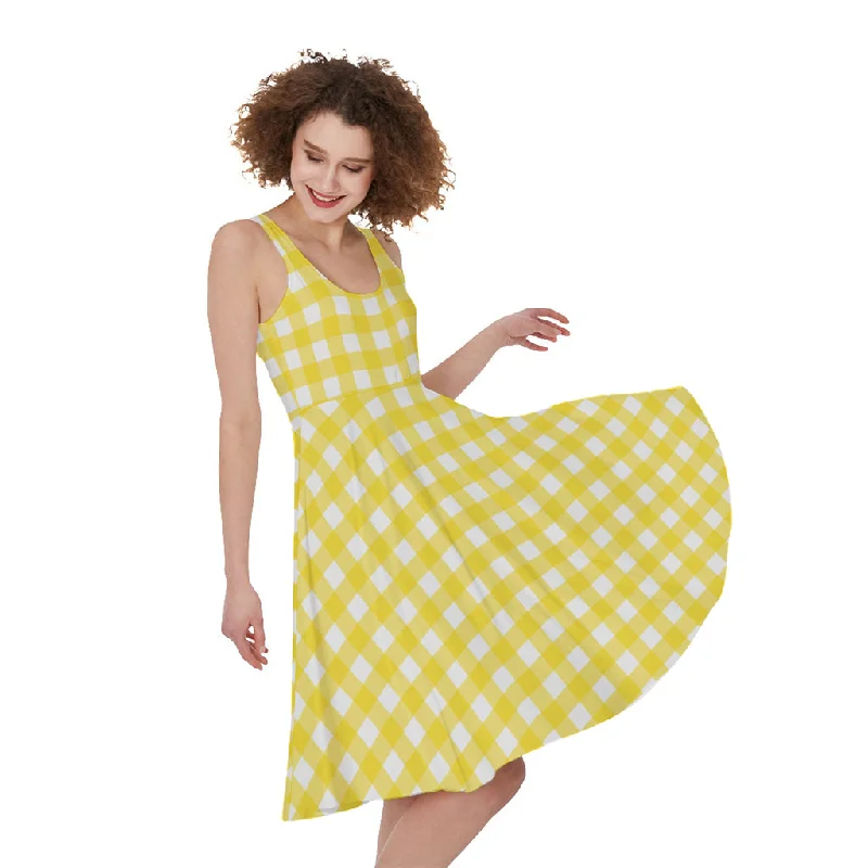 Yellow And White Check Pattern Print Sleeveless Knee Length Dress