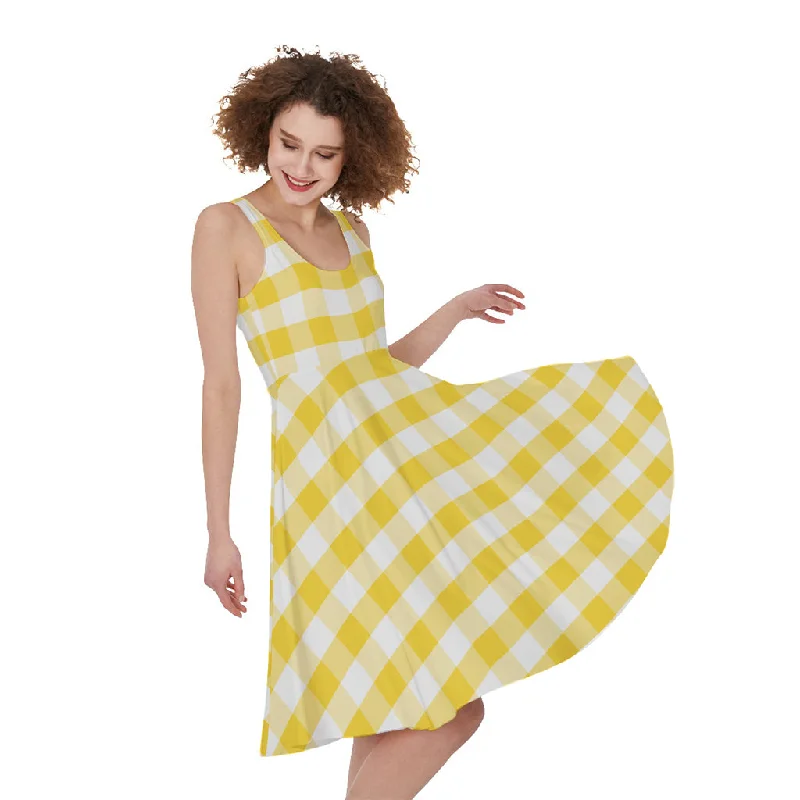 Yellow And White Gingham Pattern Print Sleeveless Knee Length Dress