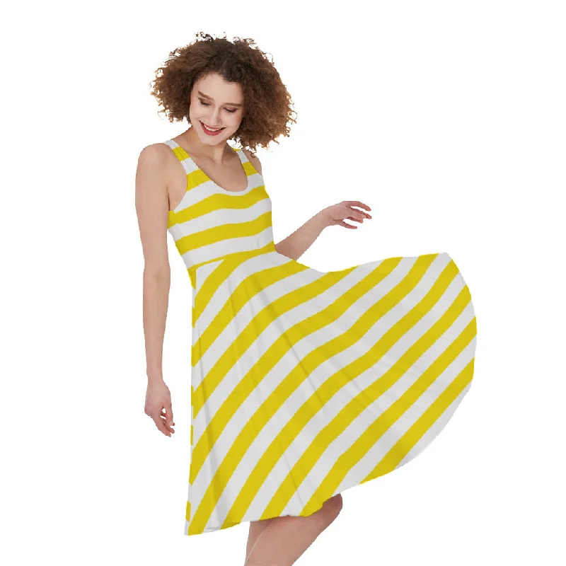 Yellow And White Striped Pattern Print Sleeveless Knee Length Dress