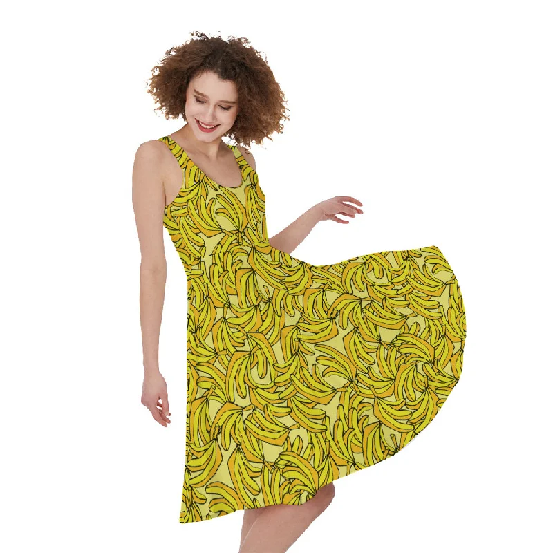 Yellow Geometric Banana Pattern Print Sleeveless Knee Length Dress