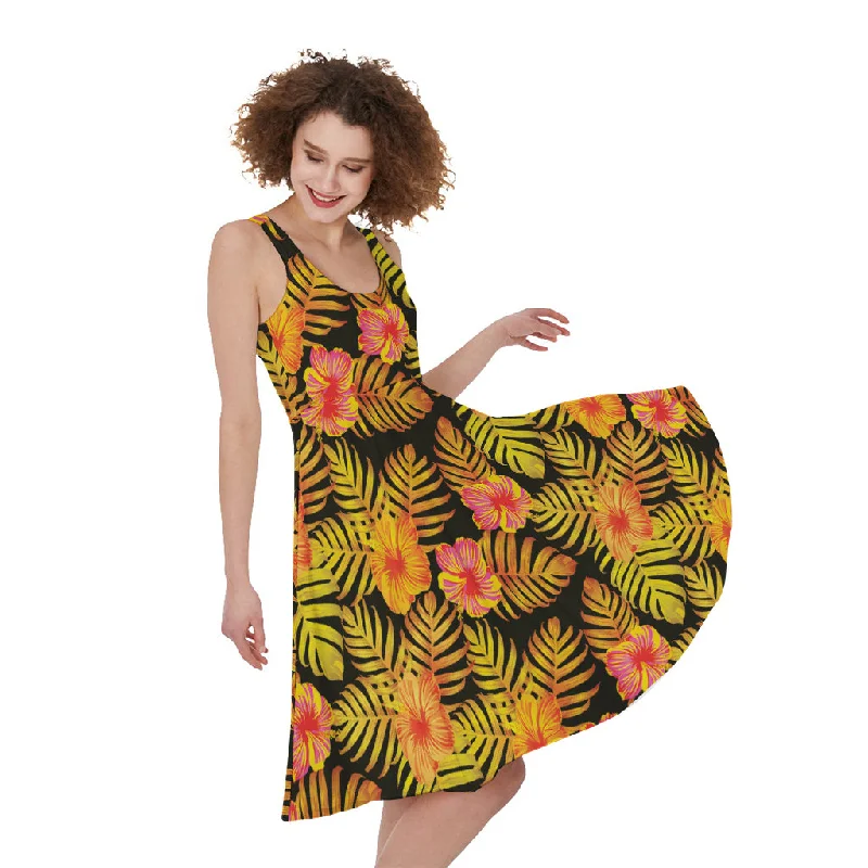 Yellow Hawaiian Tropical Pattern Print Sleeveless Knee Length Dress