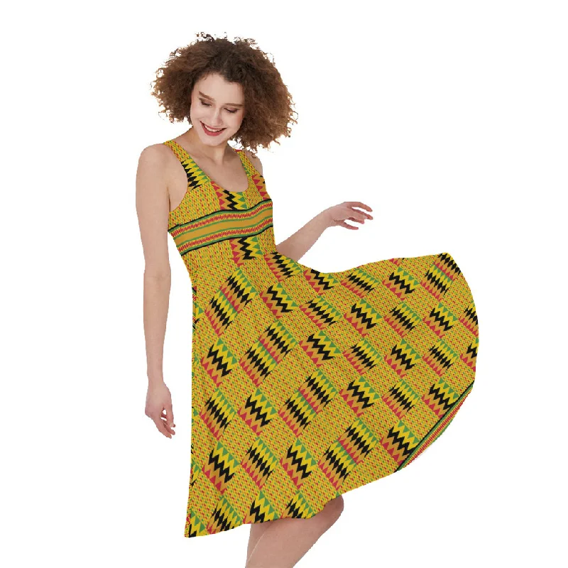 Yellow Kente Pattern Print Sleeveless Knee Length Dress