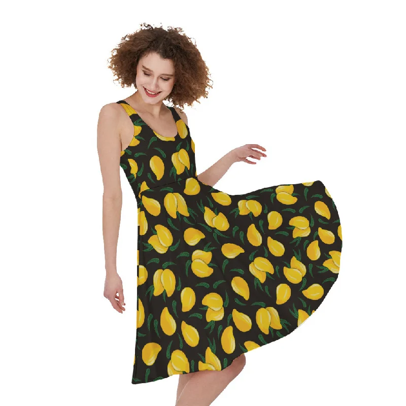 Yellow Mango Fruit Pattern Print Sleeveless Knee Length Dress