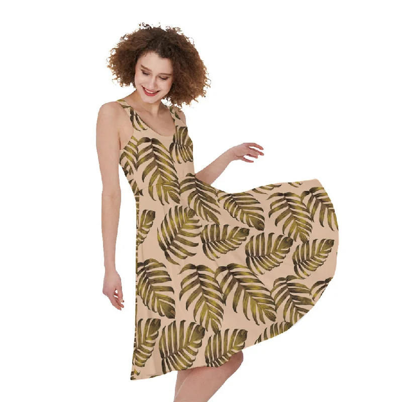 Yellow Monstera Leaves Pattern Print Sleeveless Knee Length Dress