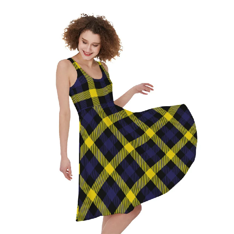 Yellow Navy And Black Plaid Print Sleeveless Knee Length Dress