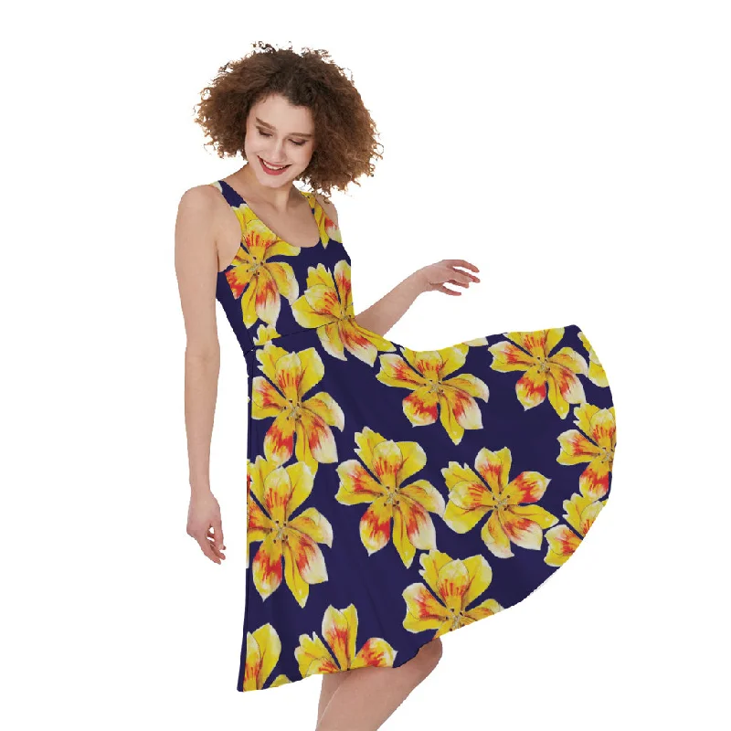 Yellow Watercolor Lily Pattern Print Sleeveless Knee Length Dress