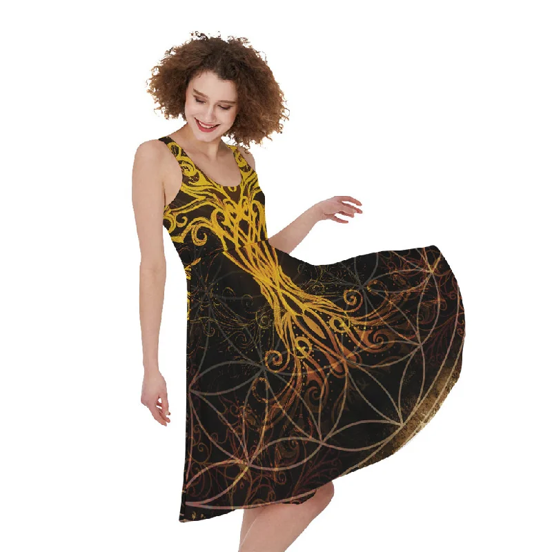 Yggdrasil Tree Of Life Print Sleeveless Knee Length Dress